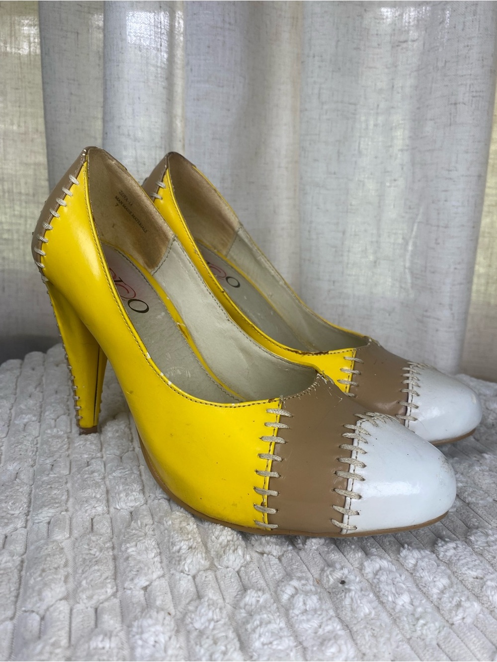Unique Redtoo ZOYA-14 Yellow Colorblock Whipstitch Stiletto Pumps Heels 7